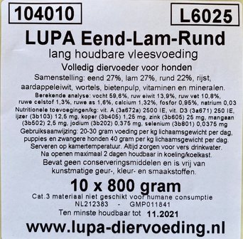 Lupa lang houdbaar, eend/lam/rund, 800 gram